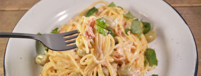 snelle pasta recepten - spaghetti met tuinbonen en pancetta